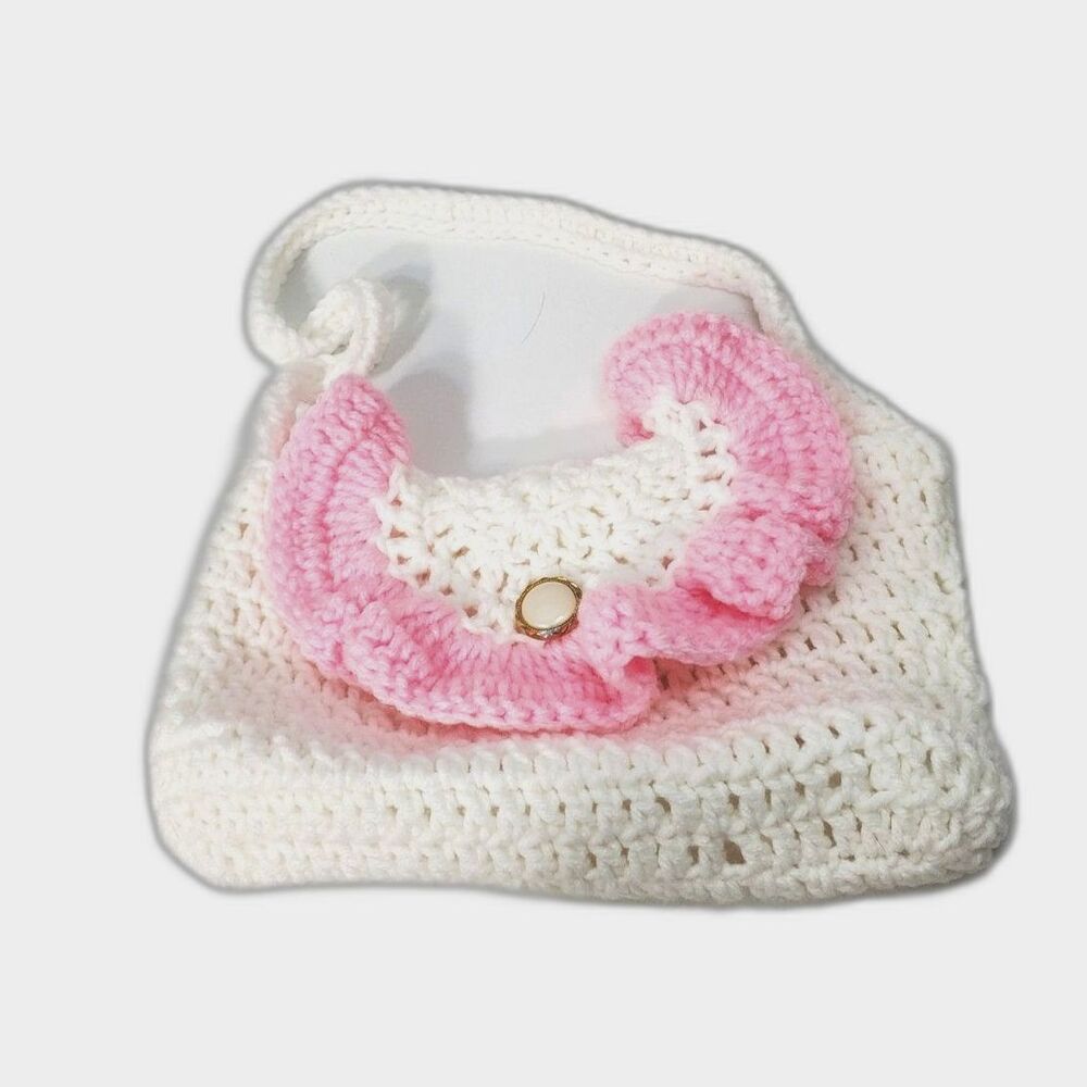 Girls Pink Ruffled Flap Purse Hand Crocheted with a Vintage Button to Close